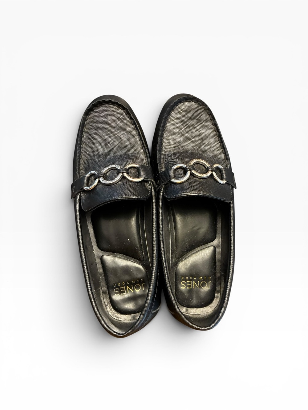 Jones New York Black Women's Leather Slip-On Loafers with Chain Detail